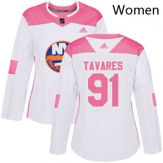 Womens Adidas New York Islanders 91 John Tavares Authentic WhitePink Fashion NHL Jersey